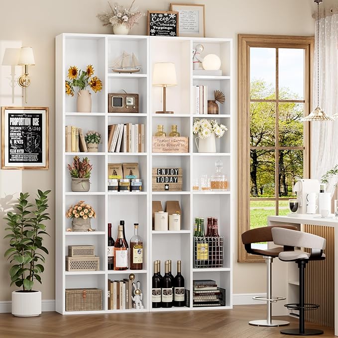 FOTOSOK 71'' White Bookshelf, Double Wide Media Tower Rack CD DVD Rack Display Cabinet with Adjustable Shelves, Tall Narrow Bookcase Bookshelf for Home Office, White