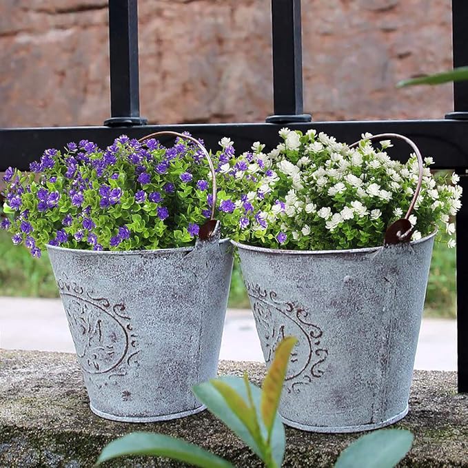 RECUTMS Artificial Flowers, Fake Boxwood Outdoor UV Resistant Plants Artificial Springs Flowers Eucalyptus Greenery Shrubs Bridal Wedding Bouquet for Home Garden Party Wedding Decoration(White)