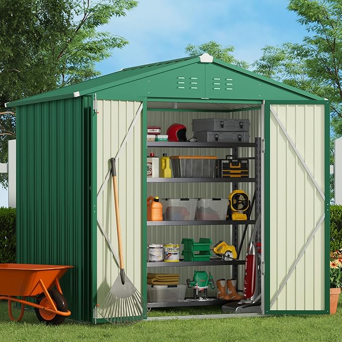 Gizoon Outdoor Storage Shed 8 x 6 FT, Galvanized Metal Garden Shed with Double Lockable Doors, Outdoor Storage Clearance for Backyard Patio Lawn-Green