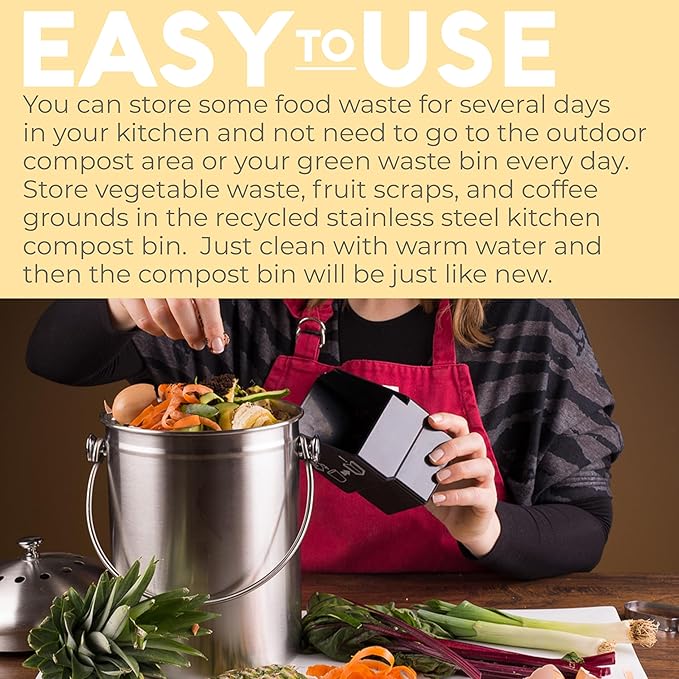 EPICA Countertop Compost Bin Kitchen | 1.3 Gallon | Odorless Composting Bin with Carbon Filters | Indoor Compost Bin with Lid | Stainless Steel Kitchen Composter for Food Scraps & Waste Recycling