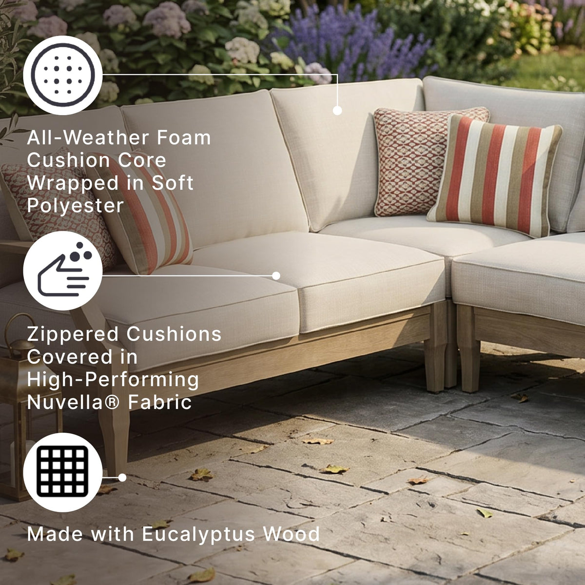 4-Piece L-Shape Outdoor Sectional, Wood, Beige