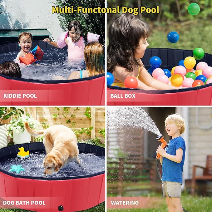 Foldable Dog Pool, 32" x 8" Kiddie Pool with Hard Plastic, Non-Slip Dog Bath Tub for Outdoor Backyard, Collapsible Dog Swimming Pool for Kids Dogs Pets (Red)