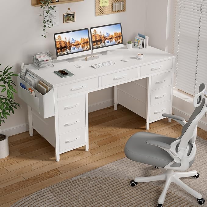Lufeiya 47 Inch Computer Desk with 9 Drawers, Office Desk Work Desk for Home Office, Study, Writing, Vanity Desk with Fabric Drawers on Both Sides, Large Storage, White