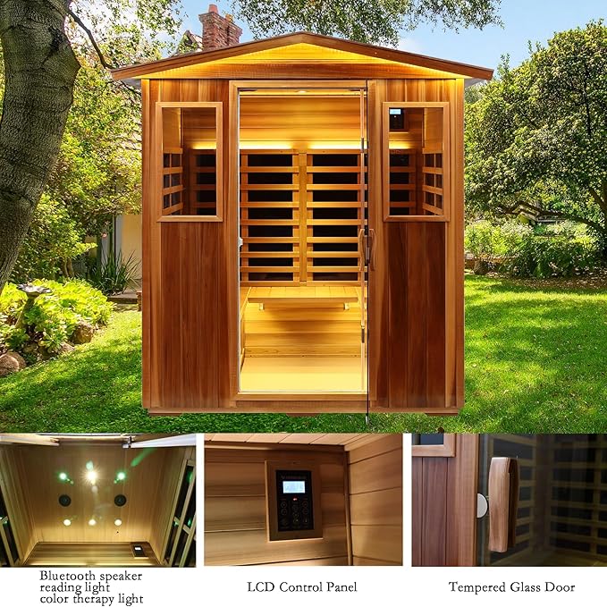 Red Cedar 4 Person Outdoor Ultra-Low EMF（0.5mg） Infrared Sauna, Multi-Person Home Sauna spa, 2160w,12 Heating Panels, LCD Control Panel, Bluetooth Speaker, Chromotherapy Lights, Reading lamp
