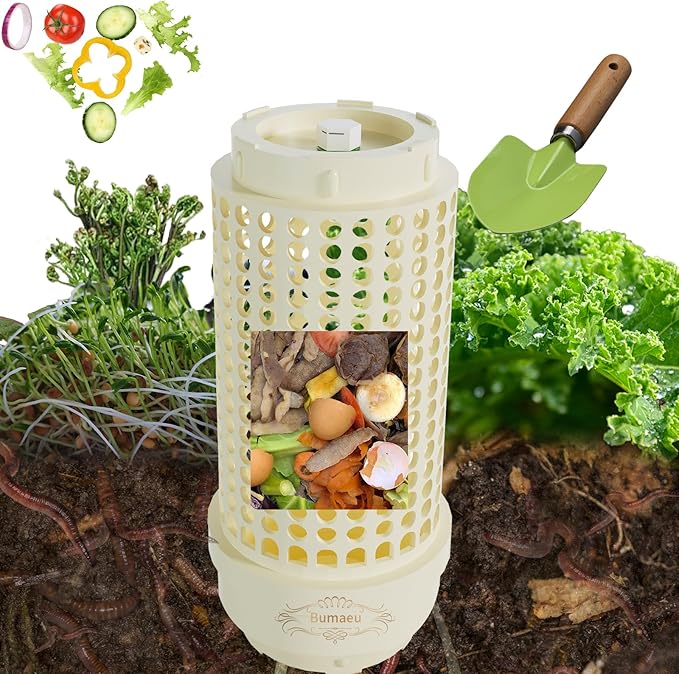 Underground Worm Farm, Garden Mini vermicomposting bin for use in Outdoor Gardening from Kitchen Food Waste, with Holes and lid, White (11.81x4.3x4.3IN)