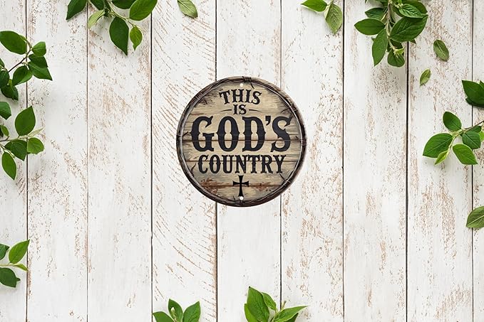 God's Country Welcome Sign for Front Door Round Metal Door Sign 8x8 Inch Home Art Office Coffee Shop or Bedroom Decor Gift Creativity