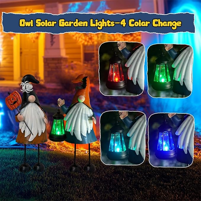 HONGLAND Halloween Decorations Outdoor Solar Gnomes with LED Lantern, Gnomes Metal Yard Art Halloween Outdoor Decor Patio Holiday Gardening Gifts for Mom Women