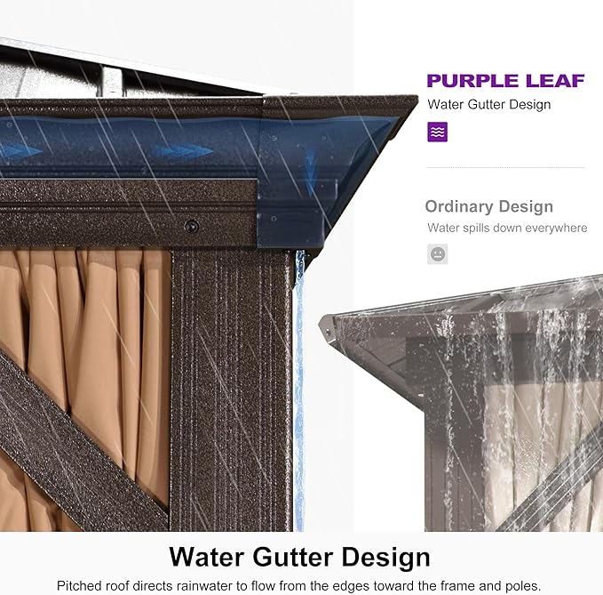 PURPLE LEAF 11' X 13' Outdoor Hardtop Gazebo Patio Wide Aluminum Frame Galvanized Steel Double Roof with Heavy Duty Netting and Curtains for Permanent Hard Top Pavilion Screen,Khaki