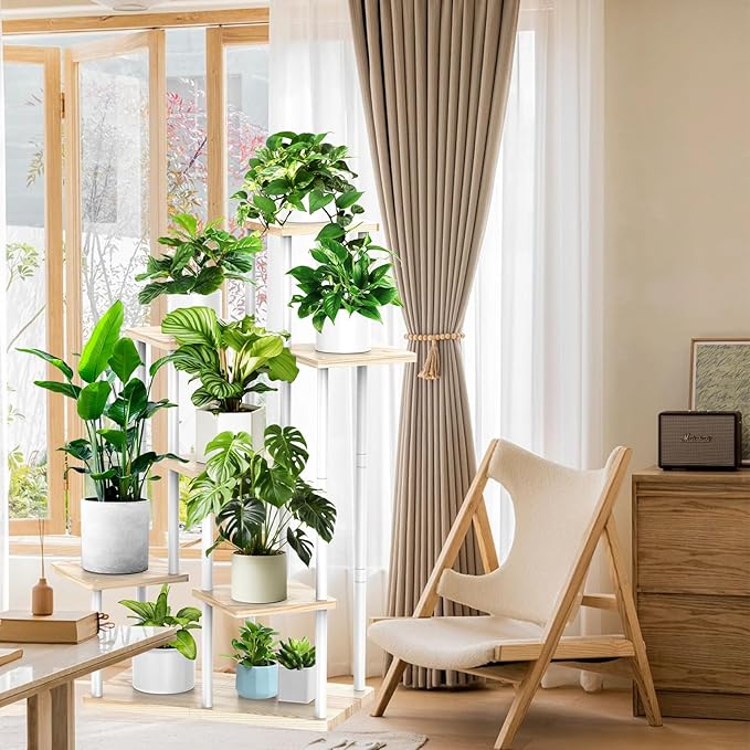 7 Tier Wood Tall Plant Stand Metal Rack Indoor, Multiple Flower Pot Holder Shelves Corner Rack, Planter Shelf Display Rack Storage Organizer for Patio Living Room Balcony Garden(White Oak)