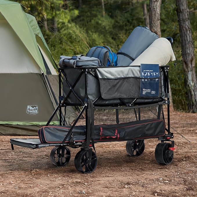 TIMBER RIDGE 400L Large Capacity Folding Double Decker Wagon with Brakes, 54" Extra Long Extender Wagon Cart, 450lbs Heavy Duty Collapsible Cart, All-Terrain Big Wheels for Camping, Sports, Shopping
