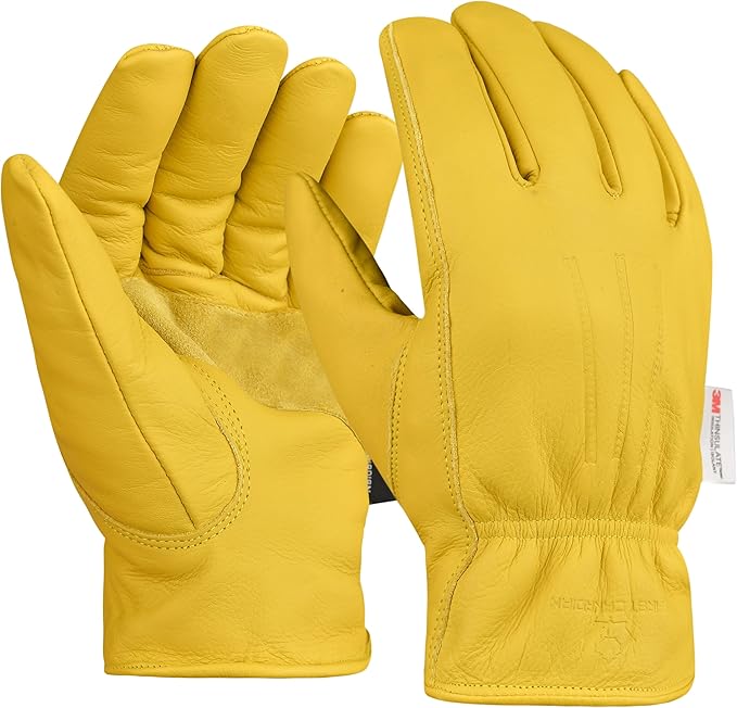 3 Pair Winter Heavy Duty Leather Work Gloves for Men & Women – Water-Resistance, Cowhide Construction & Yard Leather Gloves – Puncture Resistant Safety Gloves for Landscaping & Outdoor Use (S)