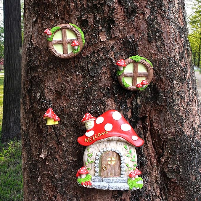 Fairy Door and Windows Garden Kit Accessories Outdoor, Glow in Dark Gnome House for Tree, Lawn Yard Art Sculpture, Miniature Garden Decor (Mushroom)