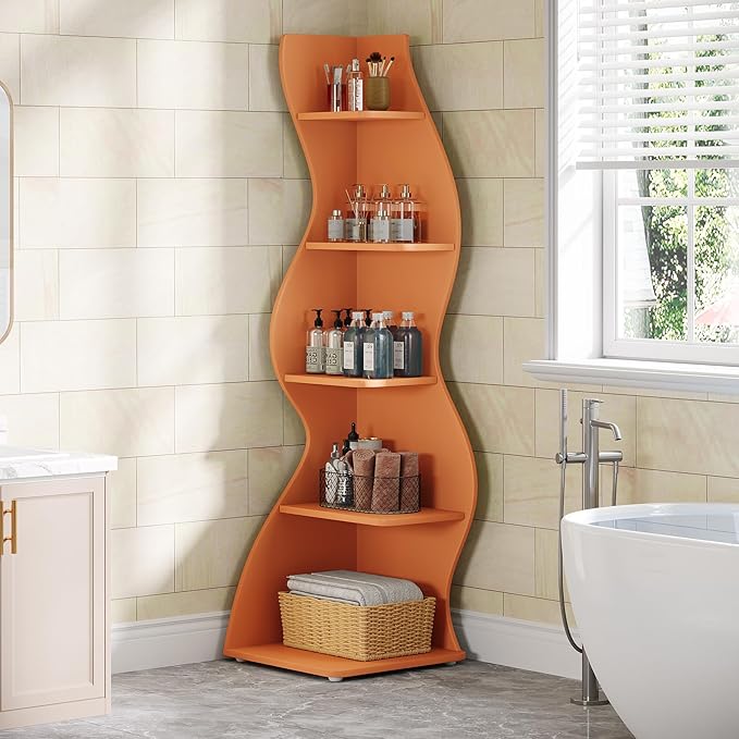Tribesigns Wavy Corner Shelf, Modern 5-Tier Bookshelf Bookcase with Curvy Shape, Unique Plant Stand Display Rack for Living Room Small Space (Orange)