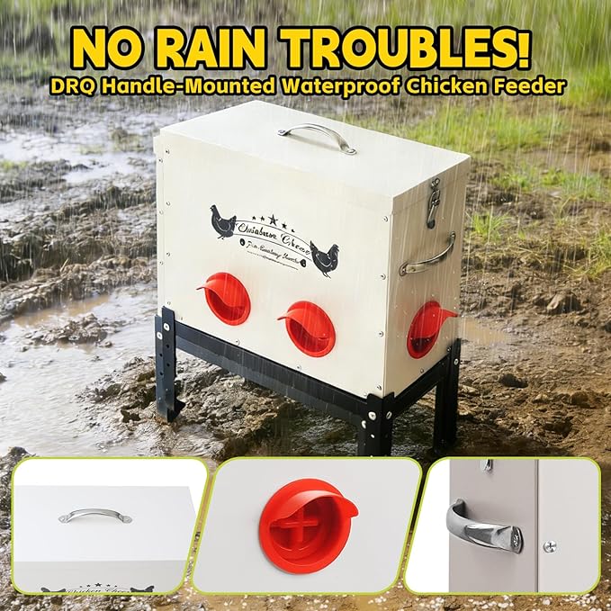 DRQ 30 LB Automatic Chicken Feeder, Metal Chick Feeder with 6 No-Waste Ports, Waterproof Poultry Feeder with Adjustable Legs, Locking Lid & Riveted Handles for Outdoor Chicken Coops