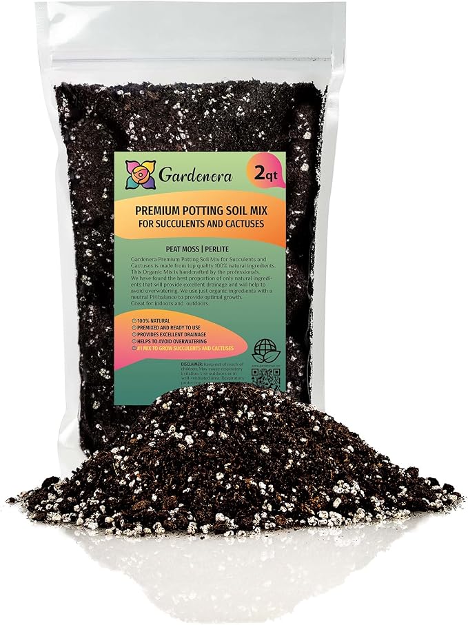 Gardenera Premium Organic Potting Soil, Succulent & Cactus Soil Mix, Fast Draining Pre-Mixed Blend - Horticultural Perlite (25%) + Peat Moss (75%) - Made in USA - 2 Quart
