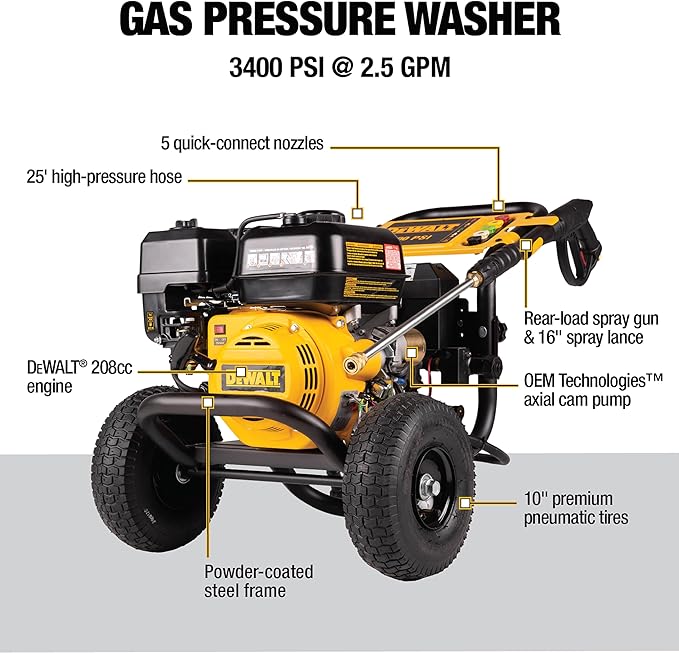 DeWalt DXPW3425E-S 3400 PSI Gas Pressure Washer, 2.5 GPM Axial Cam Pump, 208cc Recoil with Electric Start Engine, Spray Gun and Wand, 5 QC Nozzles, 5/16-in. x 25-ft. Hose, 49-State
