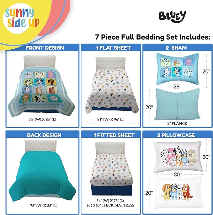 Sunny Side Up Bluey & Friends Full Comforter Set - 7 Piece Kids Bedding Includes Comforter, Sheets & Pillow Cover - Super Soft Microfiber Bed Set