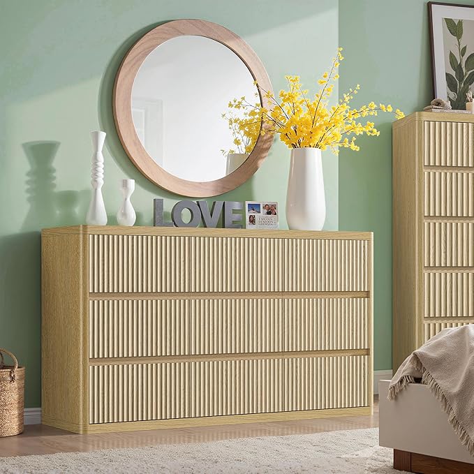 Fluted 9 Drawers Dresser, 57" Wide Dresser for Bedroom, Modern Chest of Drawers with Curved Profile, Handleless, Wood Large Dressers TV Stand with Organizer Storage, Living Room, Natural