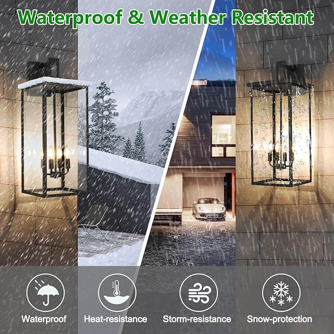 tewei 30In Large Size Square Outdoor Wall Lantern, Modern Black Outside Light