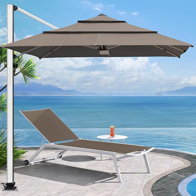 EliteShade USA APOLLO 3-Tier 10x10FT Full Aluminum Cantilever Patio Umbrella for Outdoor restaurant Garden Courtyard Deck Pool and Marketing with Light (No battery),Taupe