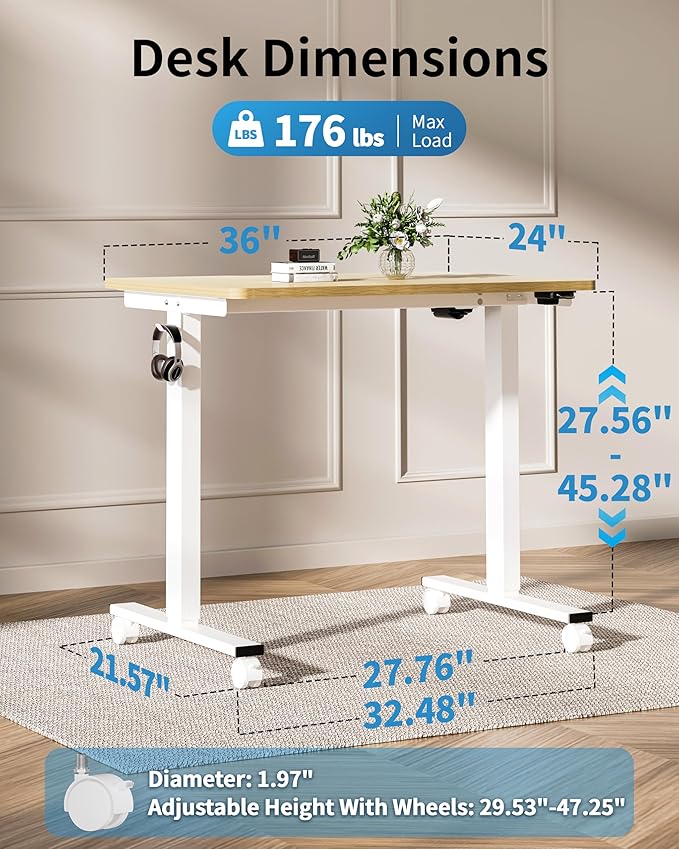 Okin Small Electric Standing Desk, 36" x 24" Whole Piece Height Adjustable Desk, Oak Sit to Stand Computer Workstation with Wheels for Home Office