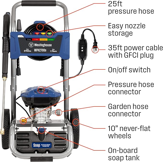Westinghouse WPX2700e Electric Pressure Washer, 2700 PSI and 1.76 Max GPM, Induction Motor, Onboard Soap Tank, Spray Gun and Wand, 5 Nozzle Set, for Cars/Fences/Driveways/Homes/Patios/Furniture