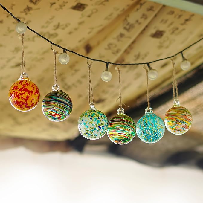 Set of 6 Hand Blown Glass Christmas Ornaments Hanging Gazing Ball Witches Ball Christmas Decor for Garden Patio Window Xmas Tree