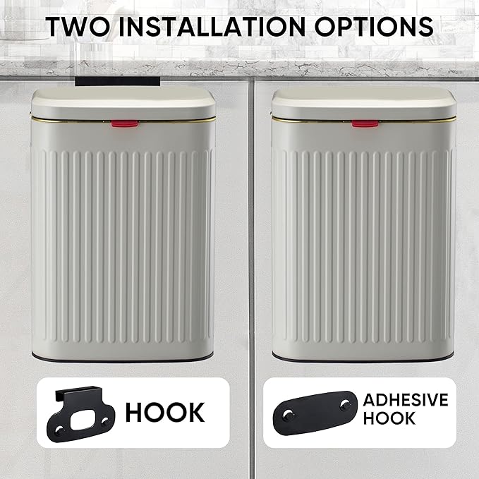 2.11Gallon 8L Carbon Steel Trash Can Door Compost Bin Wall Mounted 2 Ways Sliding Lid Compost Bin Countertop Kitchen Hanging Cabinet Door Trash Bin Metal Garbage Bin Cubo de Basura Ivory
