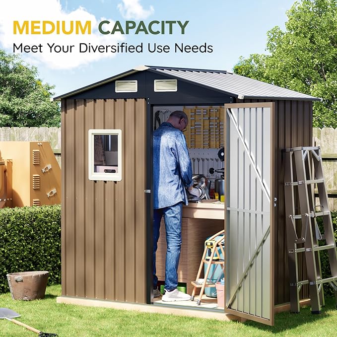 Breezz 6x4FT Outdoor Steel Storage Shed, Lockable Doors, Compact Metal Tool Shed for Garden, Backyard, Patio, Utility, and Bike Storage,Brown