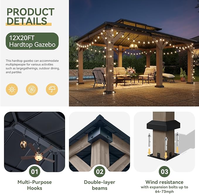 Aoxun 12' x 20' Outdoor Wood Gazebo, Hardtop Gazebo Permanent Wooden Pavilion with Galvanized Steel Double Roof, for Patio, Garden, Backyard, Cedar Wood