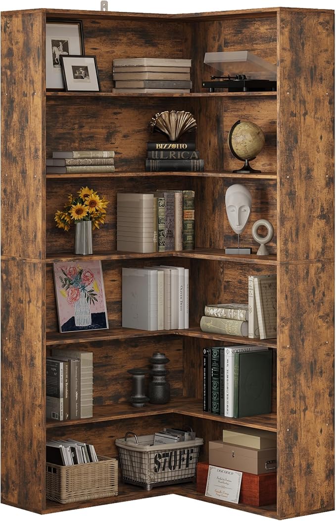 ANCTOR Corner Bookshelf, 6 Tiers Corner Bookcases with Baffles Etagere Shelf Storage Rack for Living Room Home Office, Vintage Brown