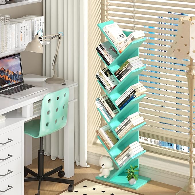 10 Tier Tree Book Shelf, Floor Standing Wood Bookshelf for Narrow Space, Storage Organizer Bookshelves for Books/CDs/Magazine, Bookcase with Shelves for Home Office, Living Room - Green