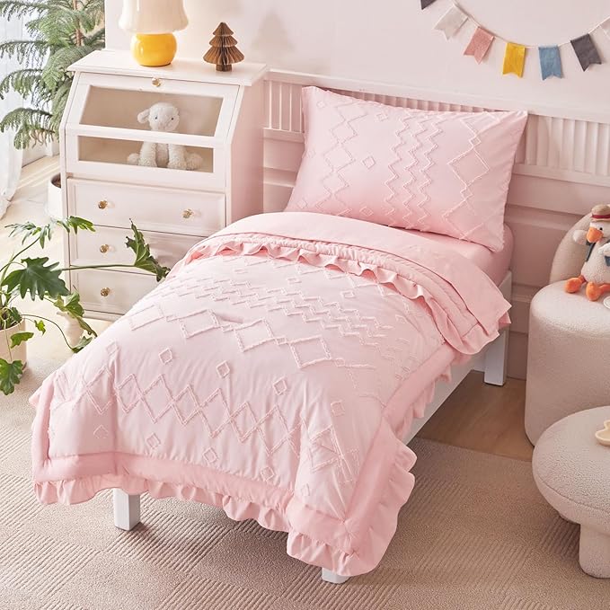 AIKASY Toddler Bedding Set 4 Pieces Super Soft Comforter Set, Shabby Boho Bohemian Design for Boys and Girls（Ruffle Fringe Comforter, Flat Sheet, Fitted Sheet and Pillowcase）- Coral Pink