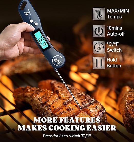 DOQAUS Digital Meat Thermometer, Instant Read Food Thermometers for Cooking, Kitchen Probe with Backlit & Reversible Display, Wide Temperature Range for Turkey, Grill, BBQ, Baking, Bread, Sourdough