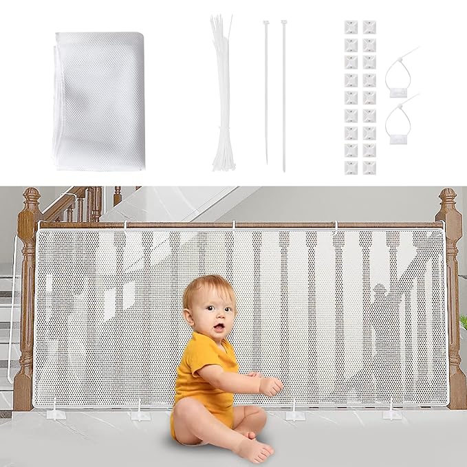 Child Safety Net, Durable Banister Guard for Baby Safety Stairs Railing Balcony Cribs, Banister Stair Mesh Baby Proofing, Easy to Install Stair Netting for Kids, Pets, Toys - (10ft Lx3ft H) White