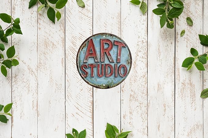 Rustic Art Studio Metal Tin Sign 8x8 In Vintage Round Wall Decor with Blue & Red for Office Bar Cafe Garage Bathroom Bedroom Decor