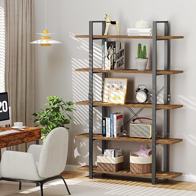 FRAPOW 5 Tier Bookshelf, 70 inch Tall Solid Bookcase Industrial Wooden Bookshelves Large Wall Etagere Rustic Vintage Book Shelf with Metal Frame Open Storage Rack for Living Room Home Office