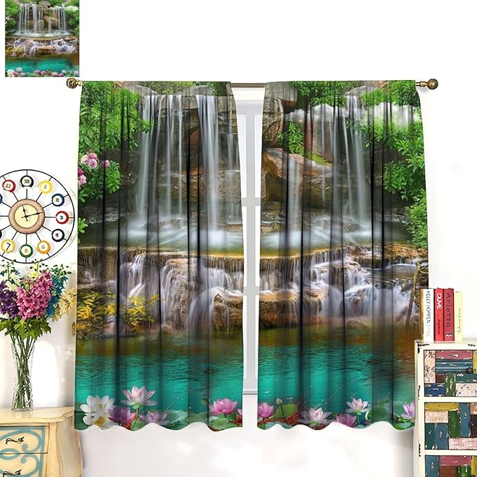 Waterfall Blackout Window Curtains, Rocky Waterfall to Pond Running Off Scenic Nature Themed Picture Print Window Drapes, for Living Room Bedroom 52x84in 2 Panels