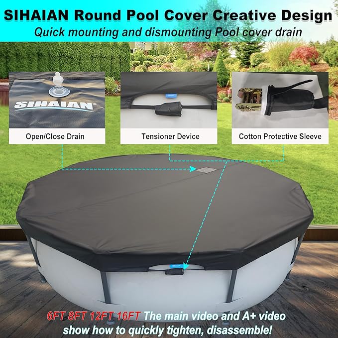 15 Ft Pool Cover, with Automatic Drain Round Pool Cover, One-Piece Quick Installation and Removal Above Ground Pool Cover, Preventing Waterlogging, UV Protected Solar Swimming Pool Cover