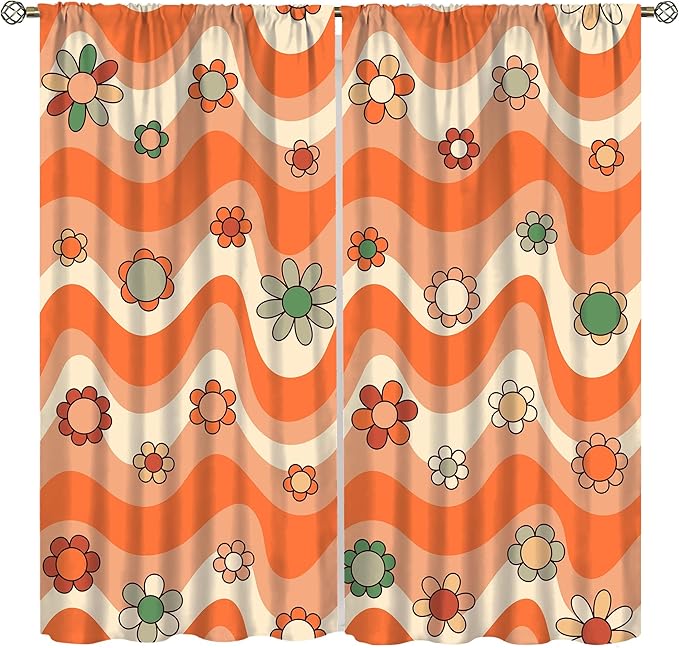 70s Boho Retro Curtains for Bedroom,Groovy Vintage Floral Rainbow Window Treatments Drapes for Kids Girls Window 55"" W X 63"" L, Style-6