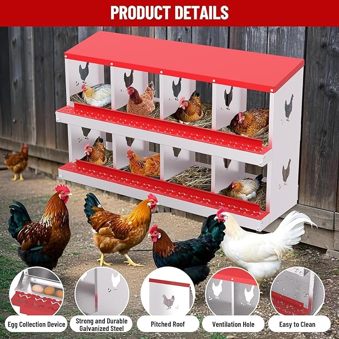 Metal Chicken Nesting Box, 8 Compartments, Rollout Egg Collection, Large Vented Holes, Perch Included, Wall Mount or Free Standing Laying Box for Hens and Chickens - Red
