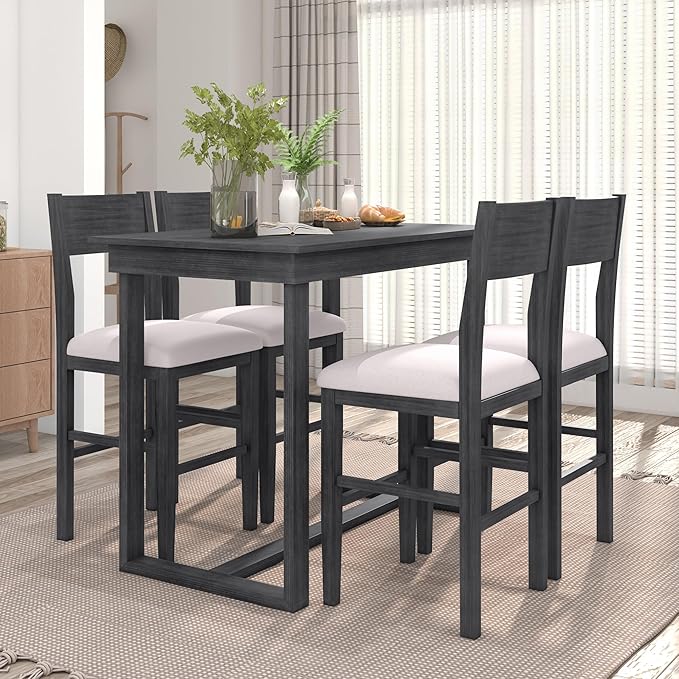 Merax Farmhouse Counter Height 5-Piece Dining Set with 1 Rectangular Table and 4 Upholstered Chairs for Small Places, Family Kitchen Furniture, Gray