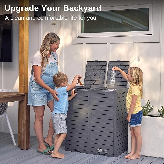 EAST OAK 76 Gallon Outdoor Trash Can | Waterproof Resin Garbage Can with Tiered Lid & Drip Tray | Outside Trash Bin for Patio | Kitchen, Backyard & Deck | Gray Color