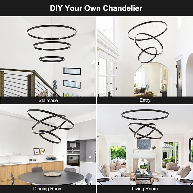 Elegant 3-Rings Black Modern LED Chandelier – Fully Dimmable High Ceiling