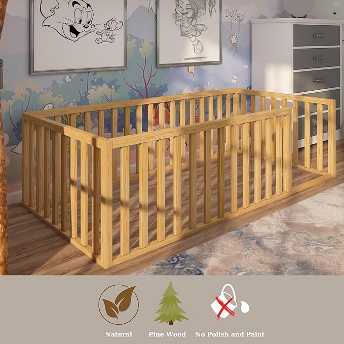Montessori Floor Bed for Kids 60'' x 80'' Queen | Toodlers Floor Bed with Safety Guardrails | Pine Wood Baby Bed | Sturdy Wood Frame Bed for Girls and Boys (Queen, Height : 23.6 Inches)