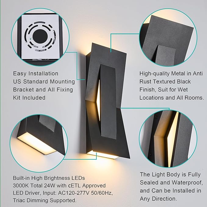 Modern Dimmable LED Up Down Wall Light, CRI 90+, 2200LM 3000K, IP65 Waterproof