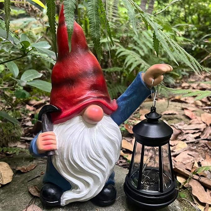Garden Gnome Outdoor Decoration with Hammer Solar Gnomes Figurines with Lantern LED Lights Yard Lawn Patio Porch Decoration Gift for Woman Mother's Day Birthday Housewarming Gifts