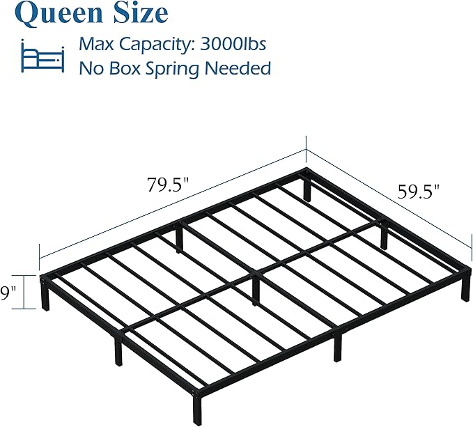 9 Inch Queen Bed Frame Heavy Duty Low Profile Metal Platform No Box Spring Needed, Maximum Storage, Easy to Assembly, Noise Free, Black