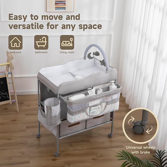 Baby Changing Table, Versatile Portable Folding Changing Table, Waterproof Diaper Changing Station with Waste Basket, Adjustable Height with 2 Drawers, Baby Changing Station for Infant and Newborn