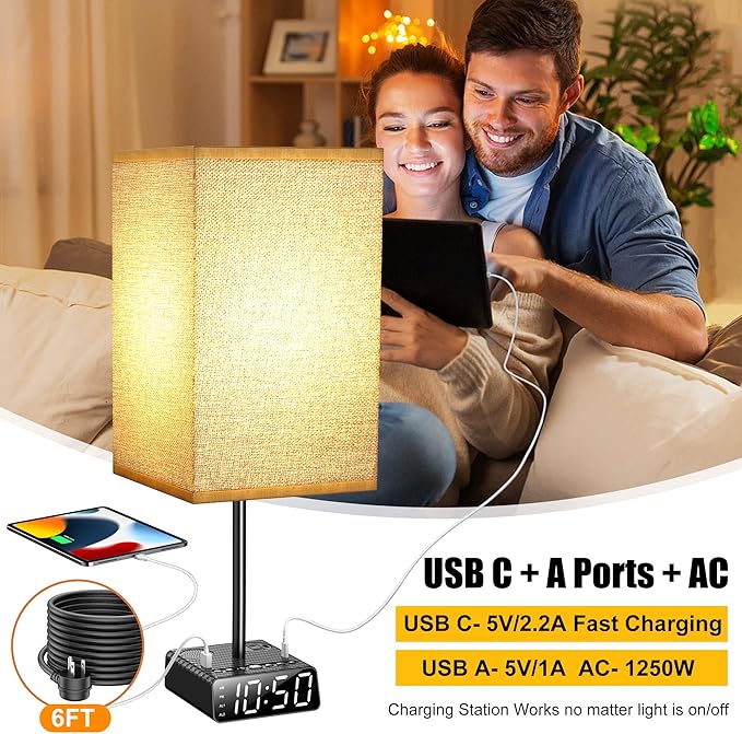 Yostyle Table Lamp with Alarm Clock Base, Bedside Lamp, 2 USB & 1 AC Power